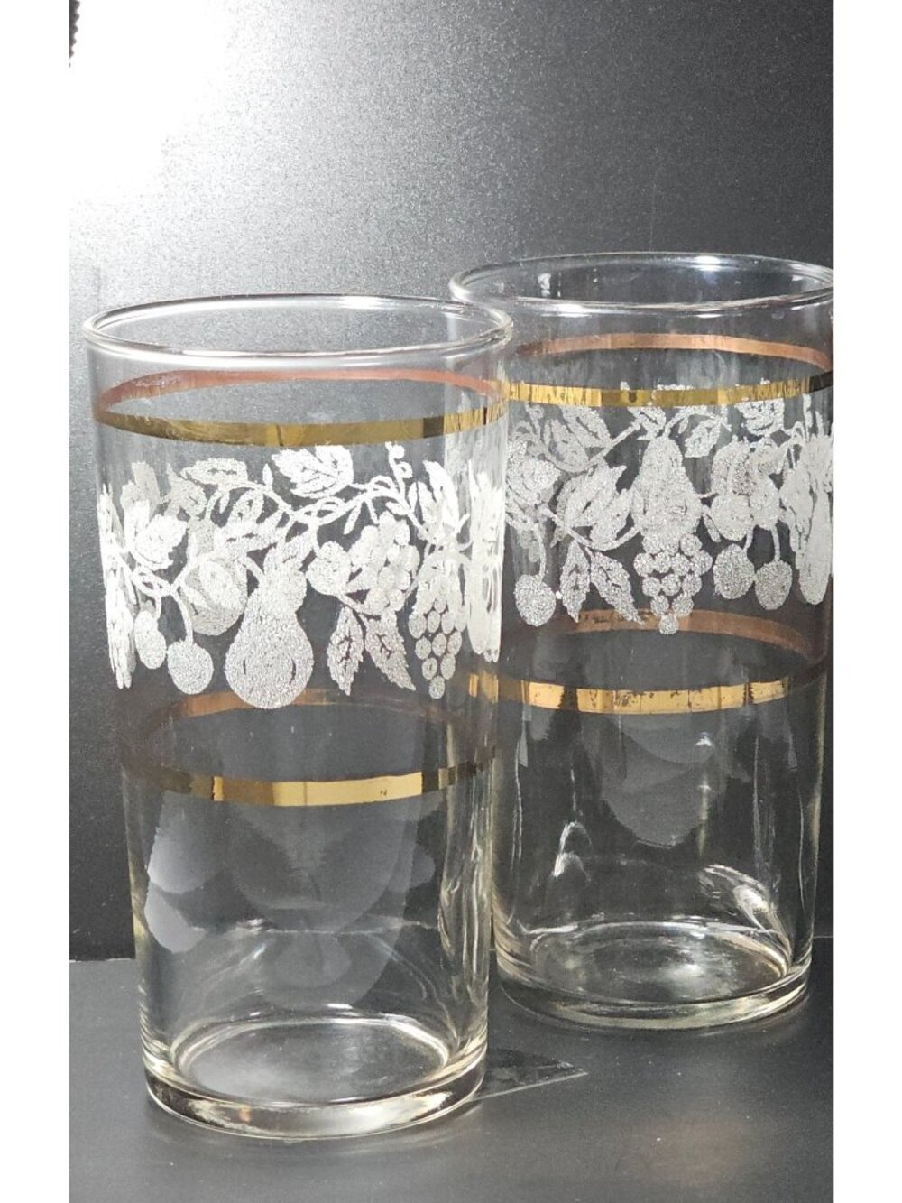 2 Bartlett Collins Golden Fruit Highball  Glasses 1947 Vintage gold bands 5.25"